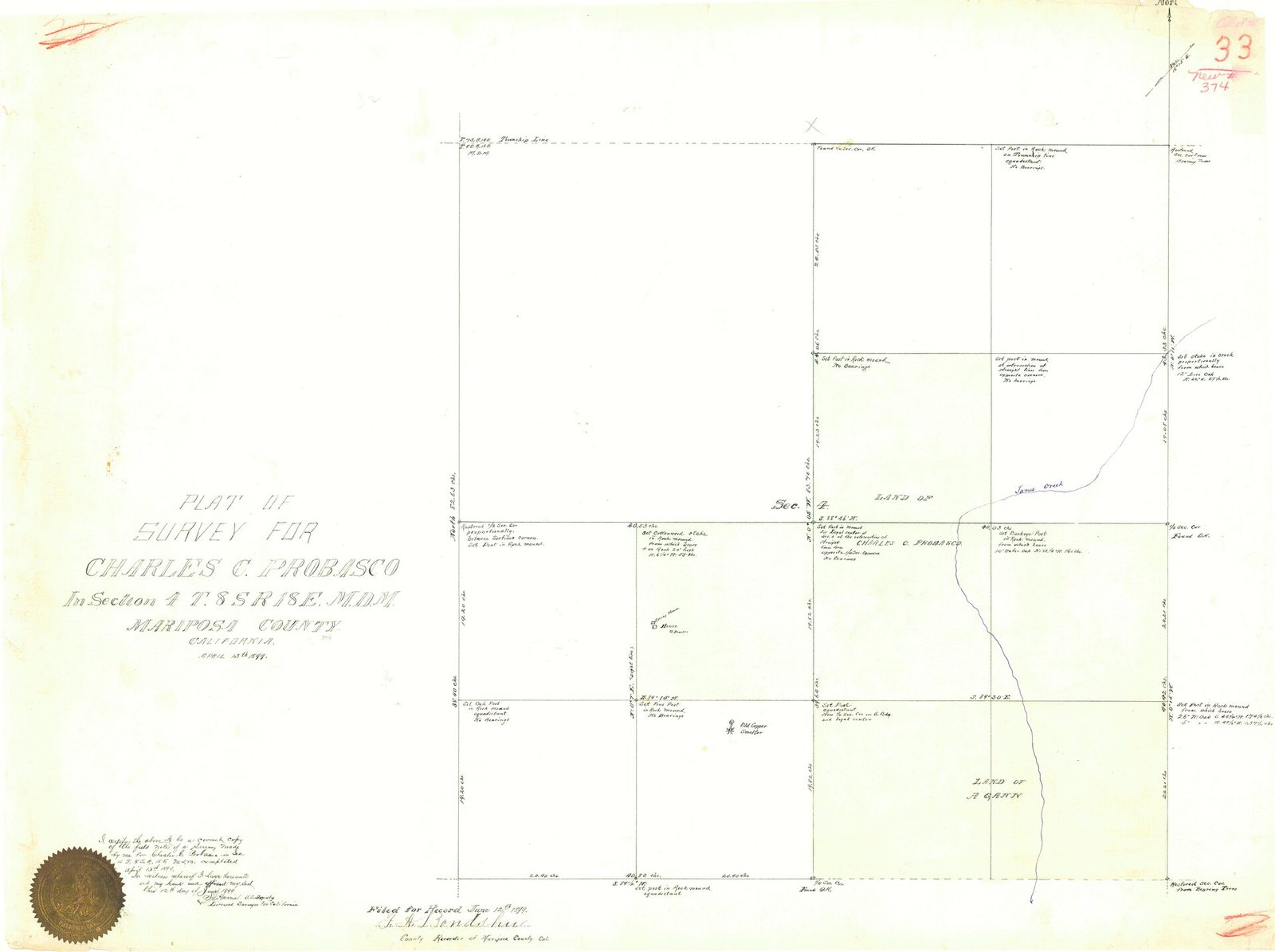 A recorded survey plat showing section lines, lot dimensions and acreage